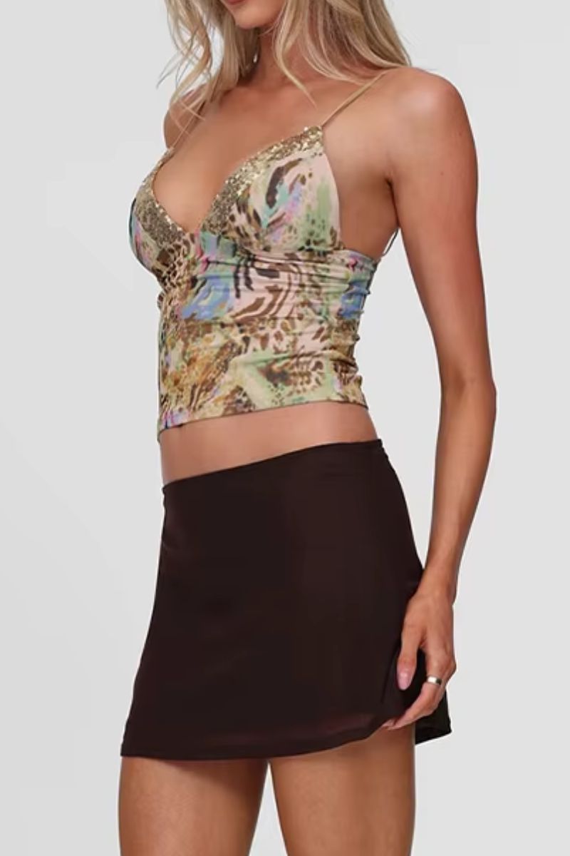 Animal Print Sequin Trim Cami Top