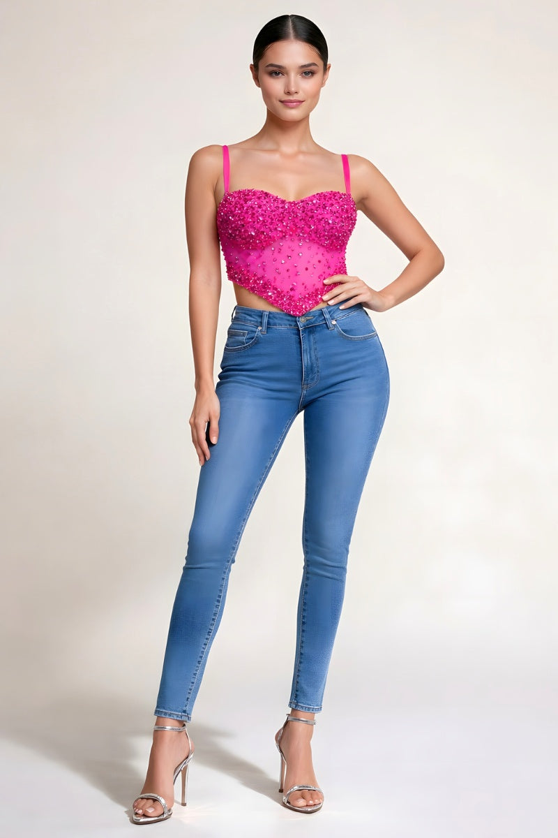 SEQUIN BEADED CRYSTAL STONE EMBELLISHED CORSET CROP TOP
