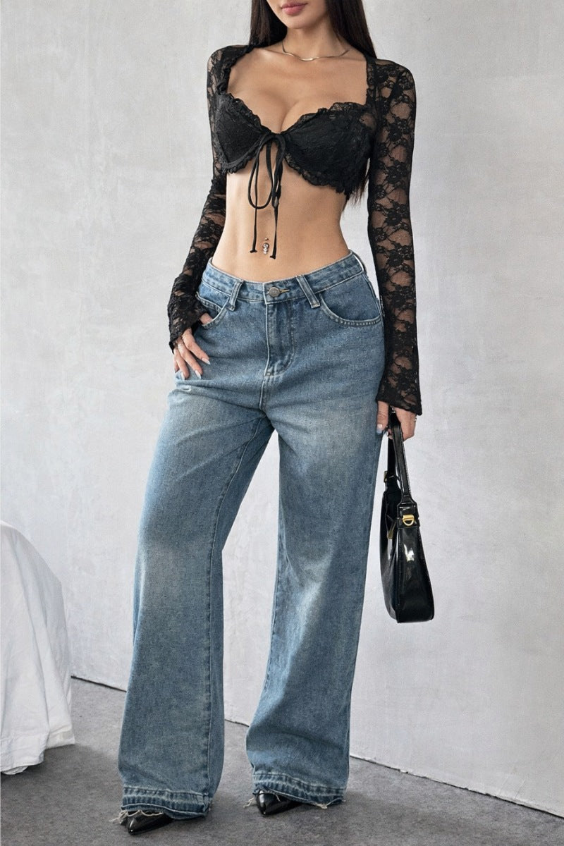 Sexy Lace Tie-Front Crop Top with Bell Sleeves