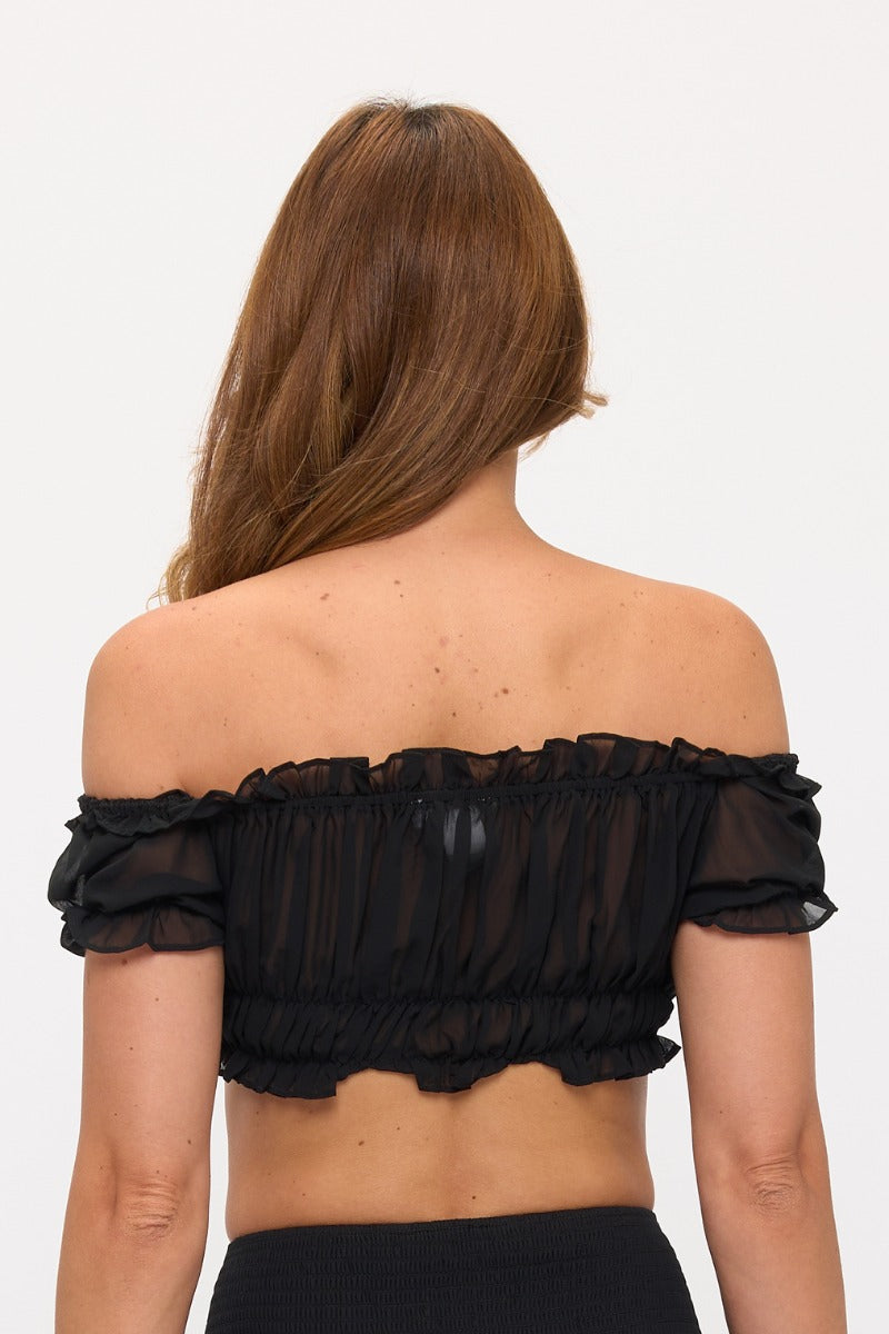 Sheer Ruffled Mesh Off-Shoulder Crop Top