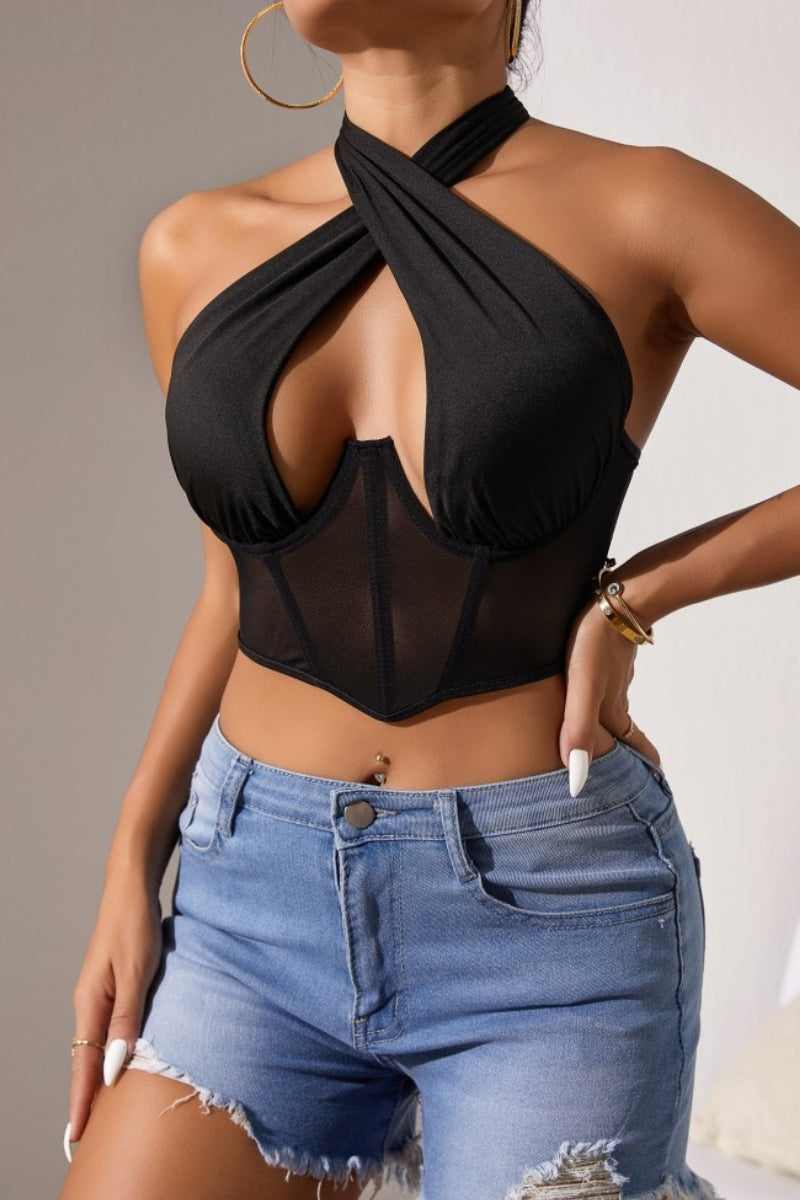 HALTER CRISS CROSS MESH CORSET CROP TOP