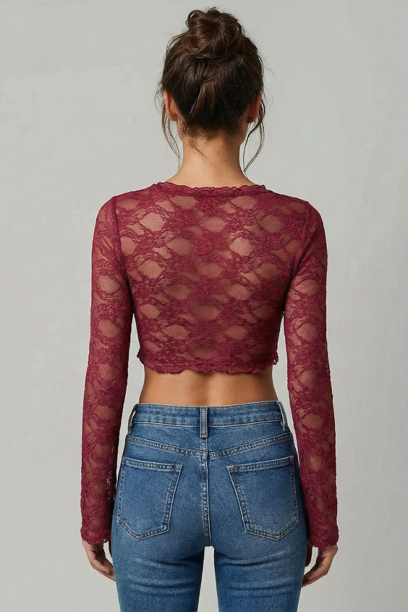 Sexy Lace Tie-Front Crop Top with Bell Sleeves