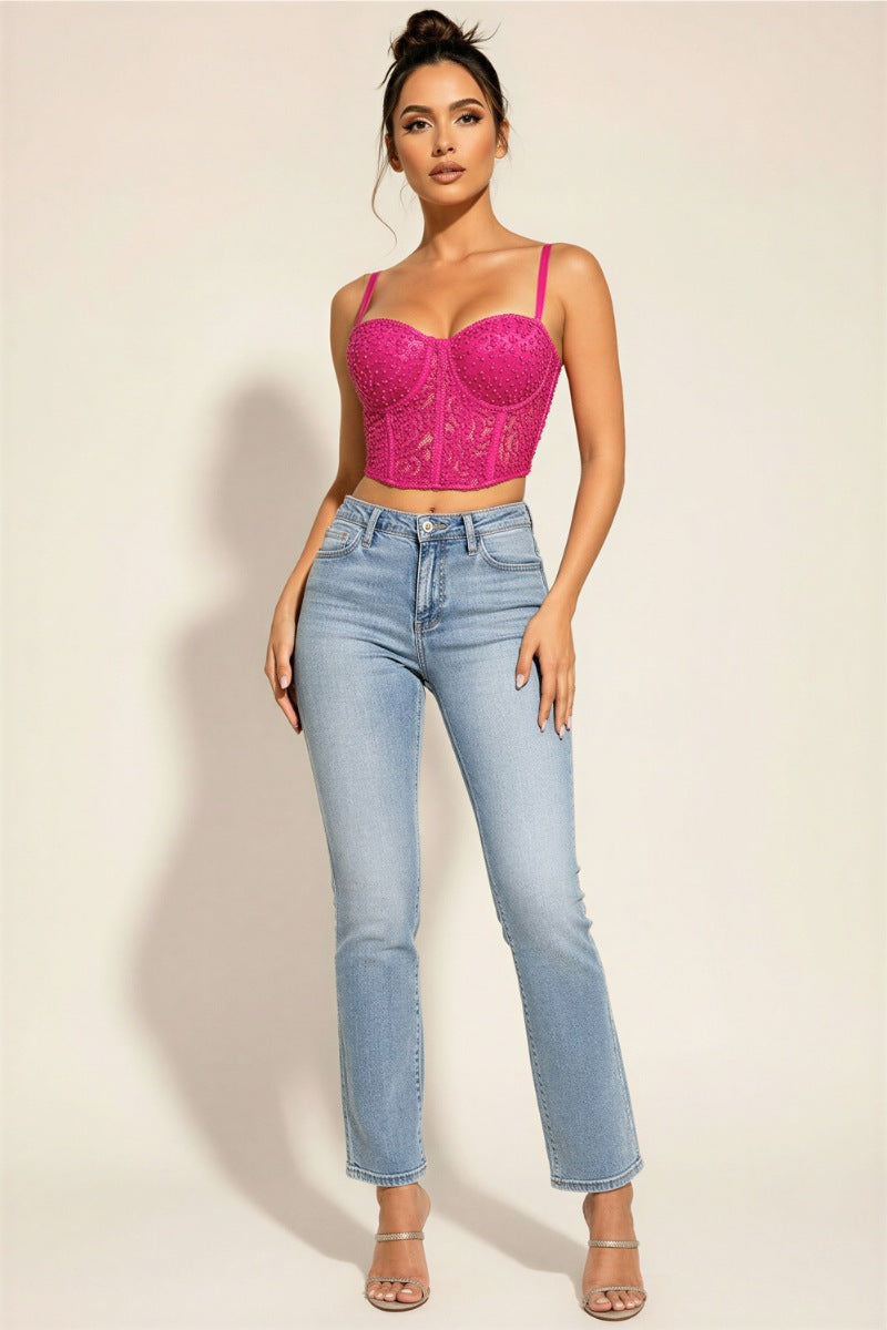 Elegant Lace and Pearl Bustier Sexy Top