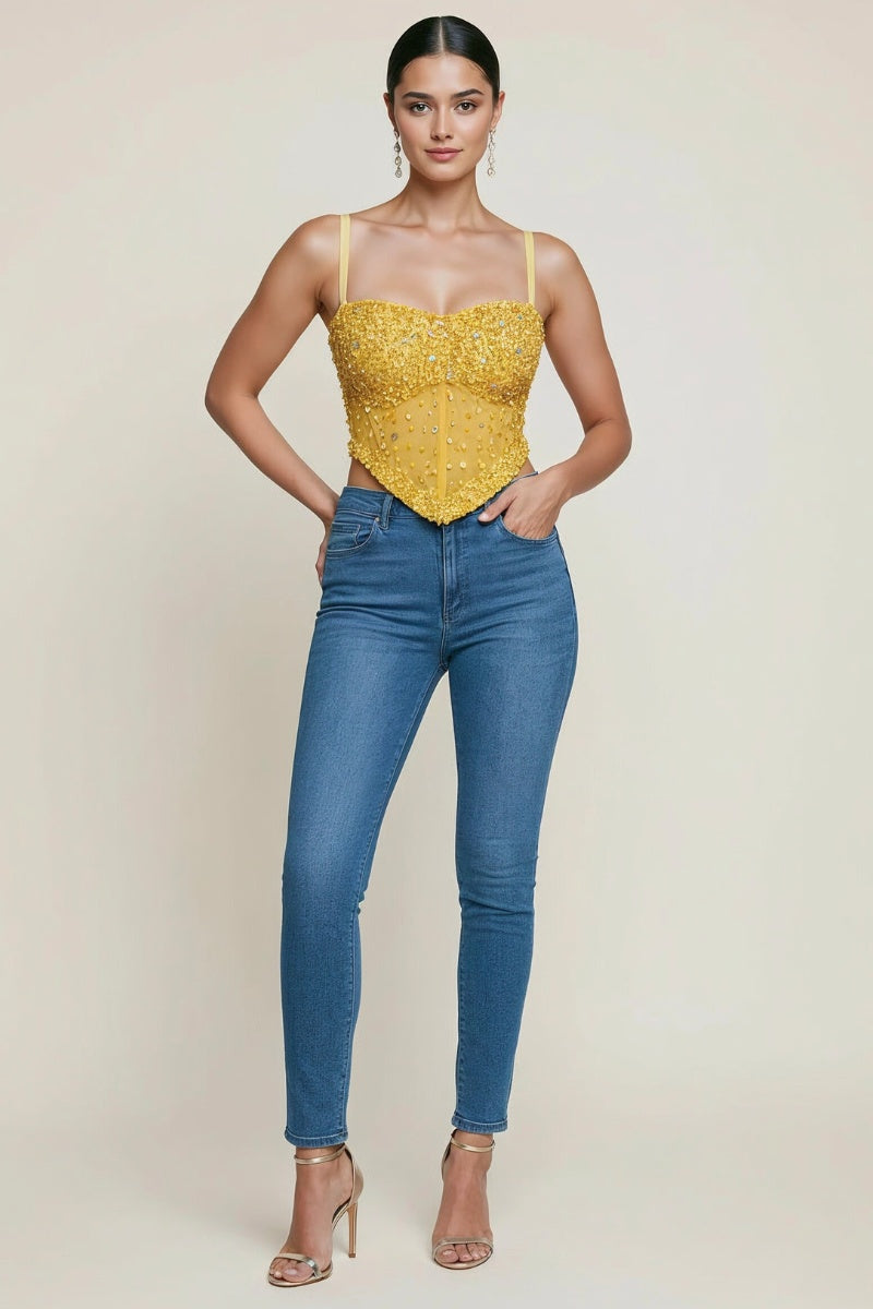 SEQUIN BEADED CRYSTAL STONE EMBELLISHED CORSET CROP TOP