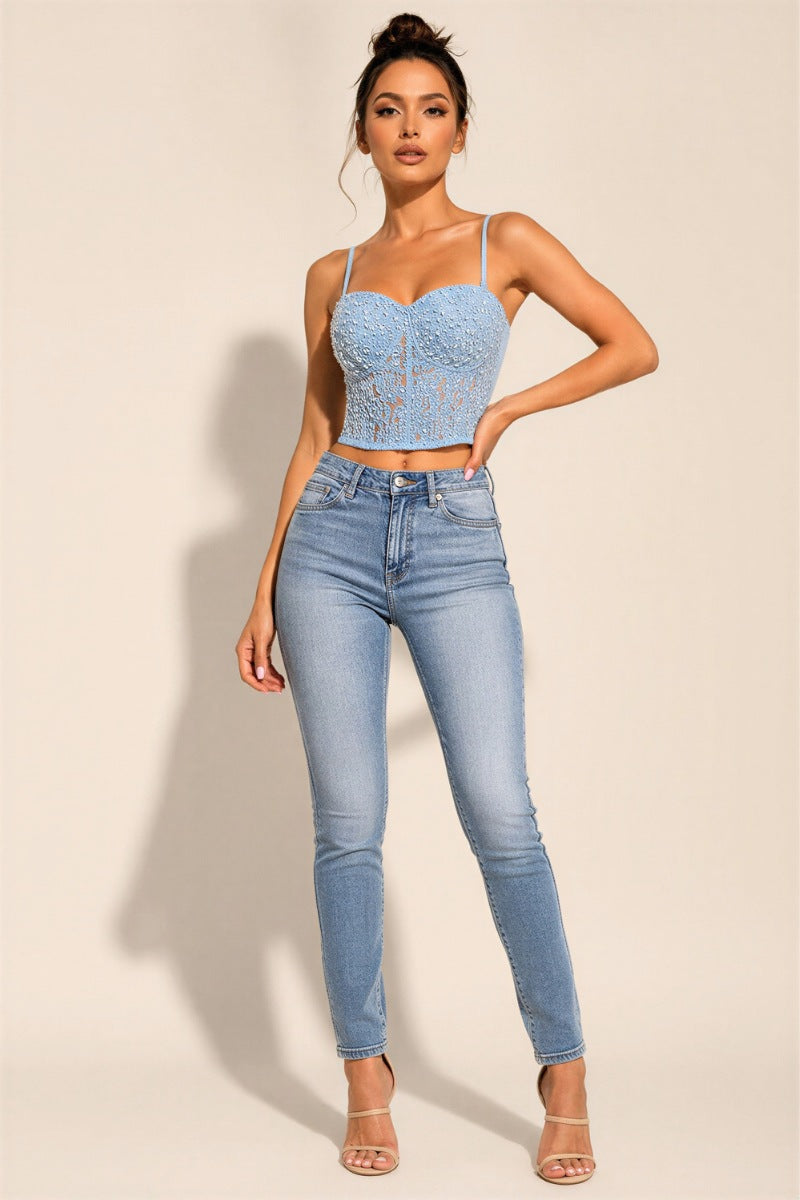 Elegant Lace and Pearl Bustier Sexy Top