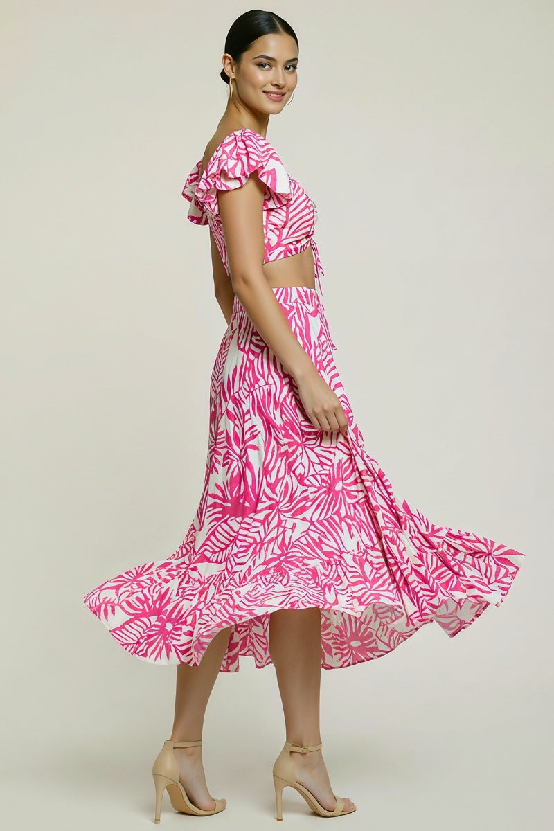 Front Tie Crop Top & Leaf Print Ruffle Skirt Set