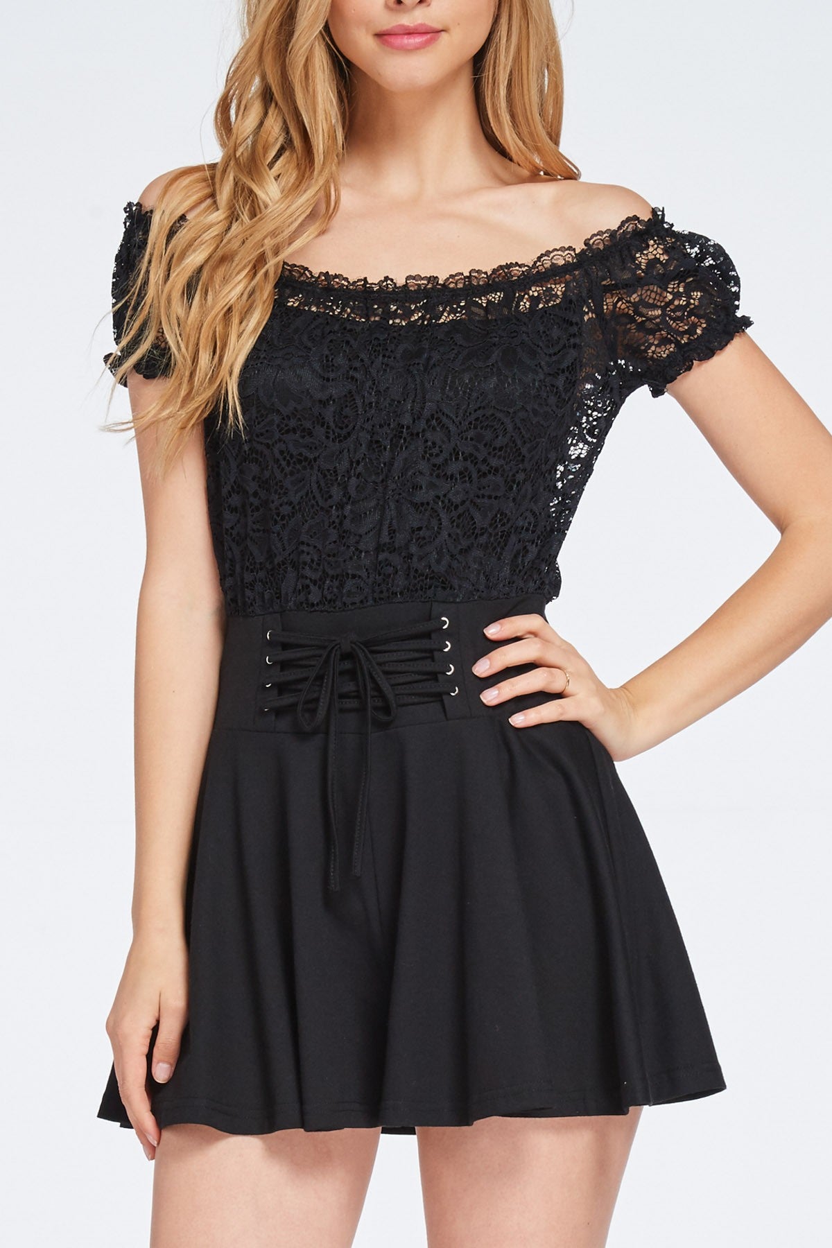 LACE OFF SHOULDER FLAIR ROMPER