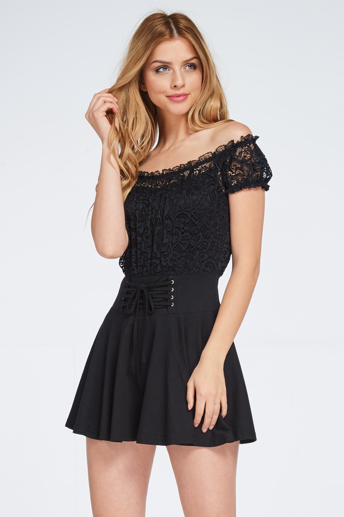 LACE OFF SHOULDER FLAIR ROMPER