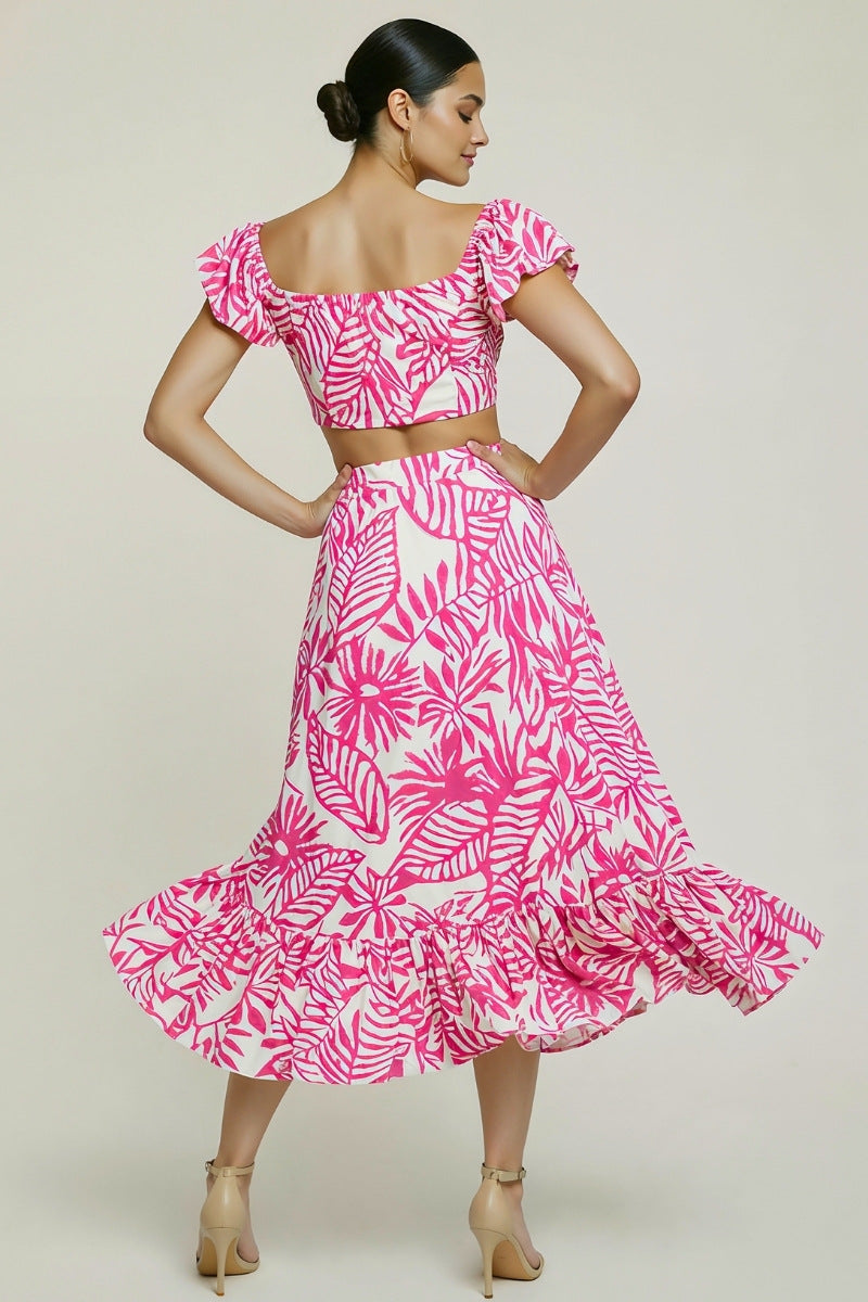 Front Tie Crop Top & Leaf Print Ruffle Skirt Set