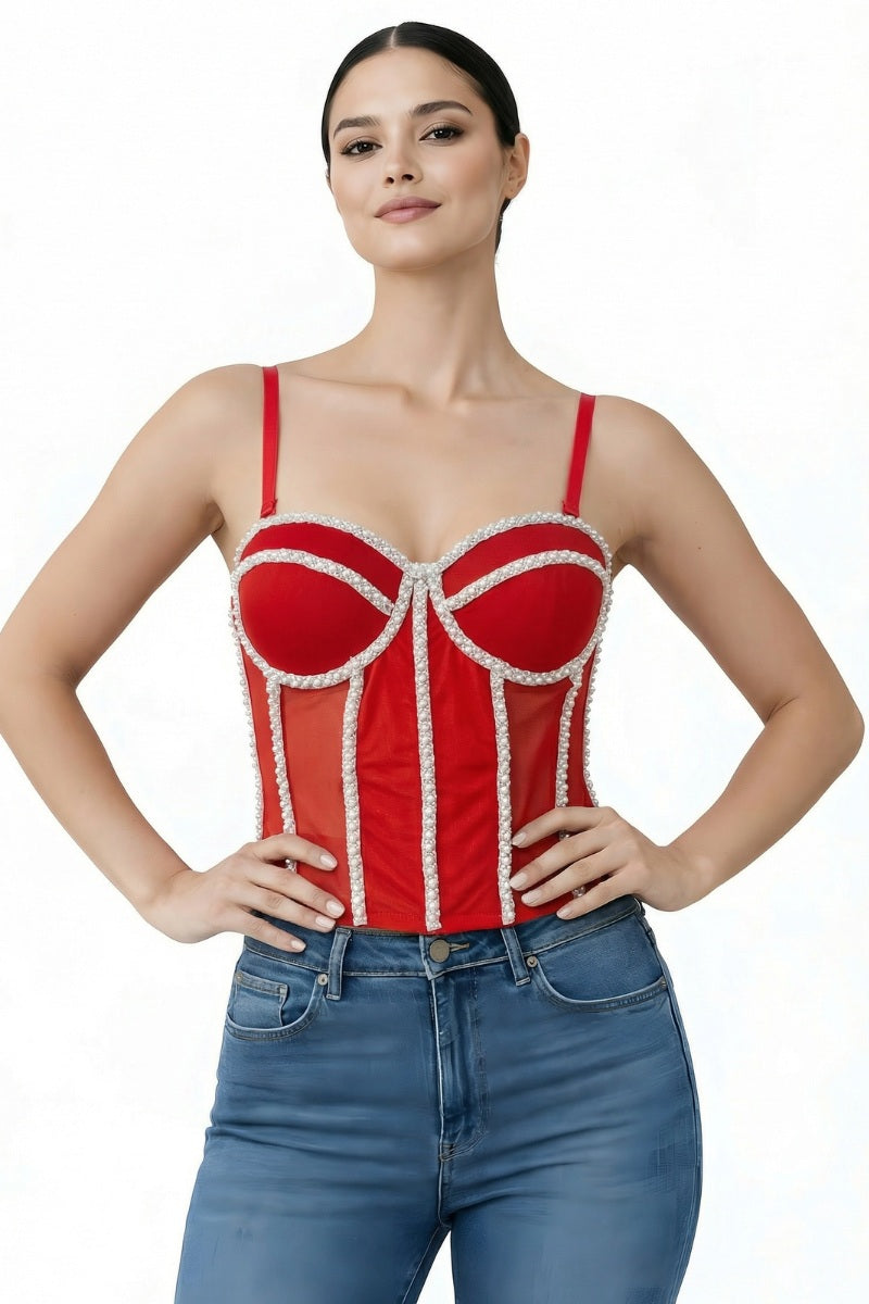 WHITE GLITTERY SEAM DETAIL MESH CORSET TOP_ D7258