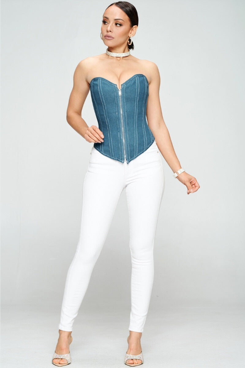 DENIM RIGID ZIP UP FRONT LACE UP CORSET