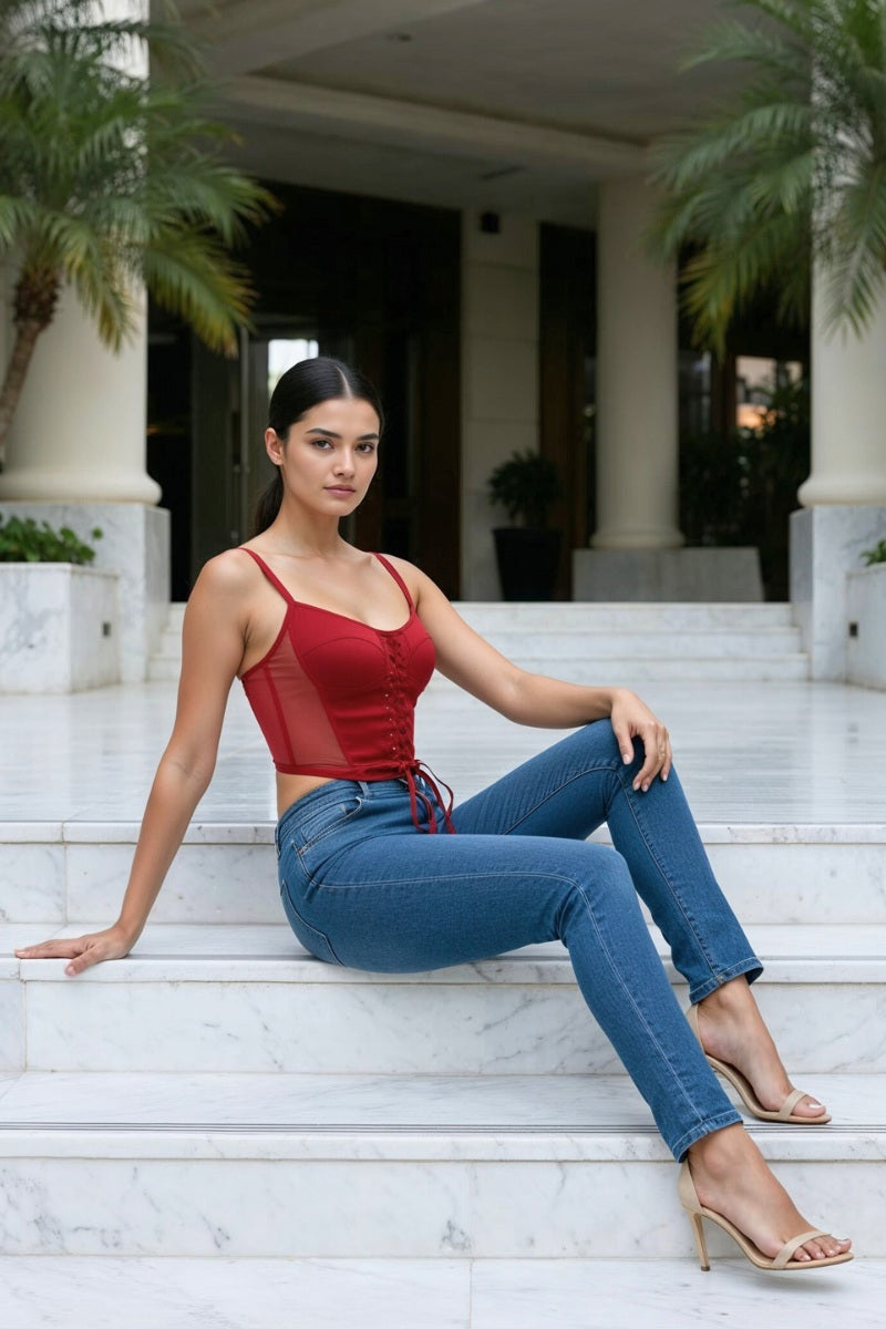 LACE UP FRONT DETAIL SATIN CORSET TOP