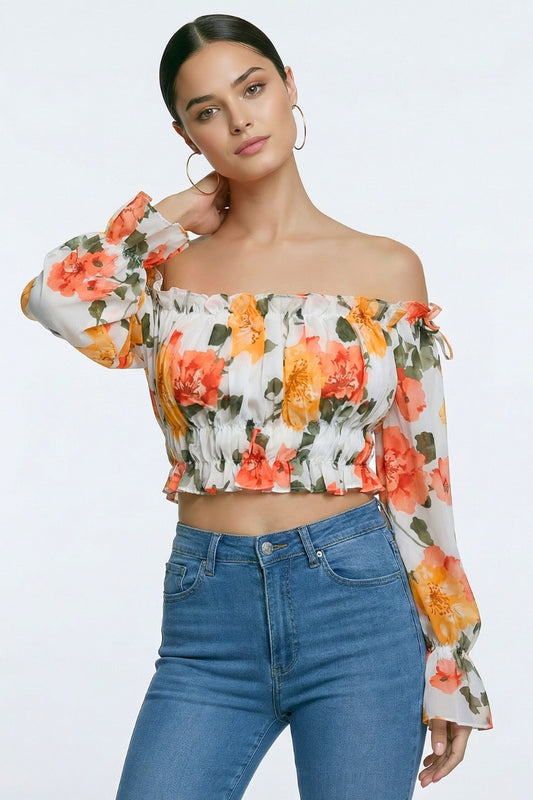 Floral Off Shoulder Ruffle Crop Top