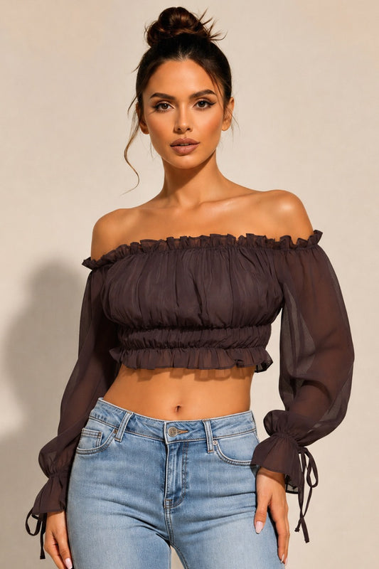 OFF SHOULDER RUFFLE TRIM KNOT SLEEVE CROP TOP