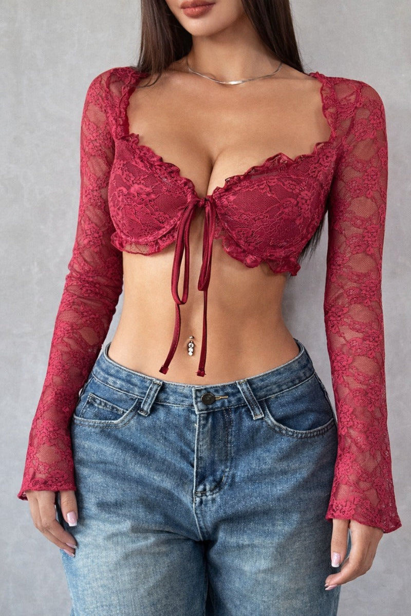 Sexy Lace Tie-Front Crop Top with Bell Sleeves