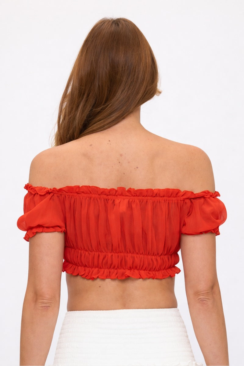 Sheer Ruffled Mesh Off-Shoulder Crop Top