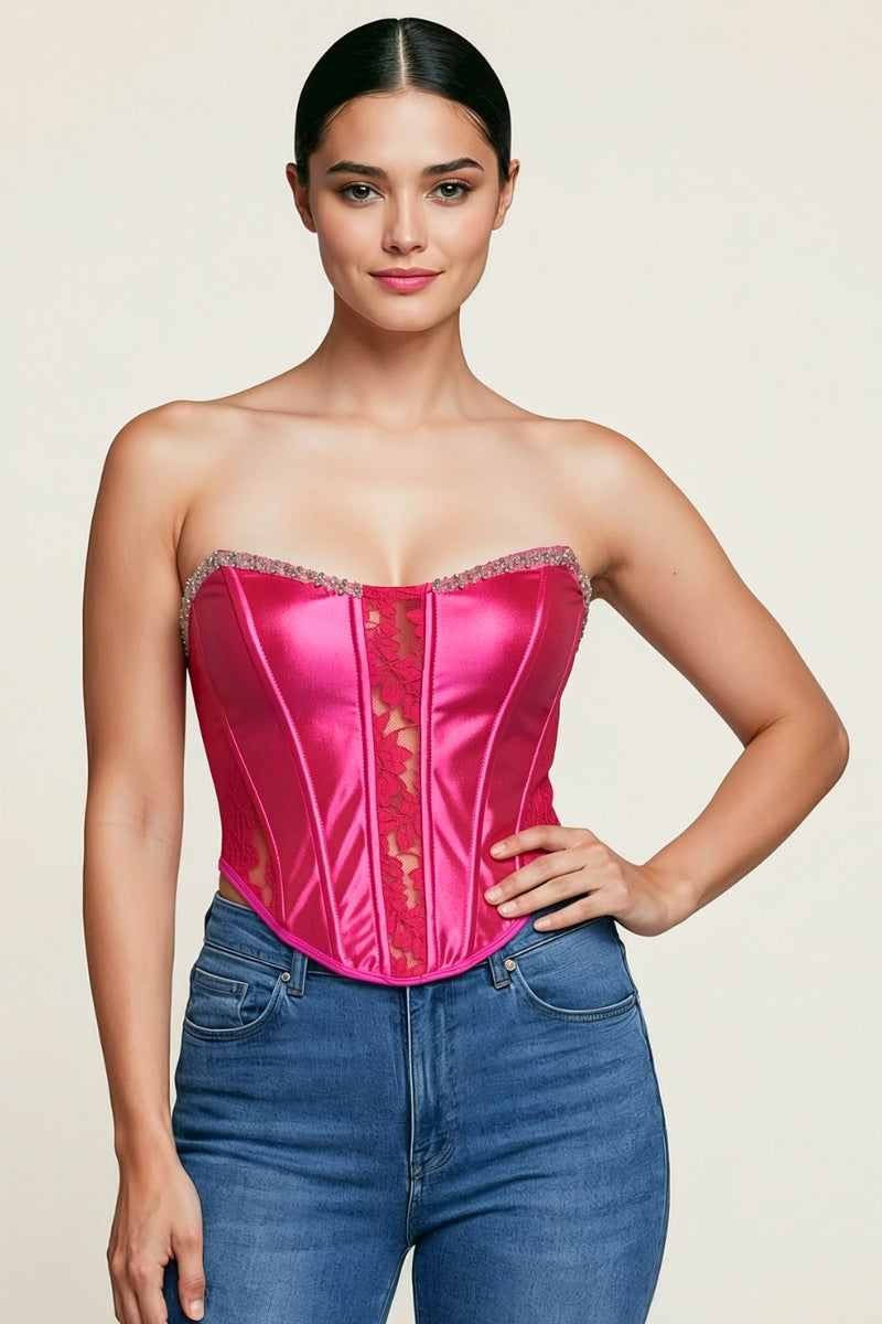 Luxury Satin Corset with Sparkling Trim & Lace