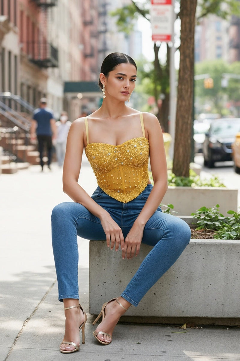 SEQUIN BEADED CRYSTAL STONE EMBELLISHED CORSET CROP TOP