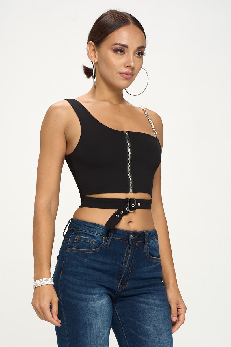 ZIP-UP ONE SHOULDER CUT OUT CHAIN SLEEVE CROP TOP