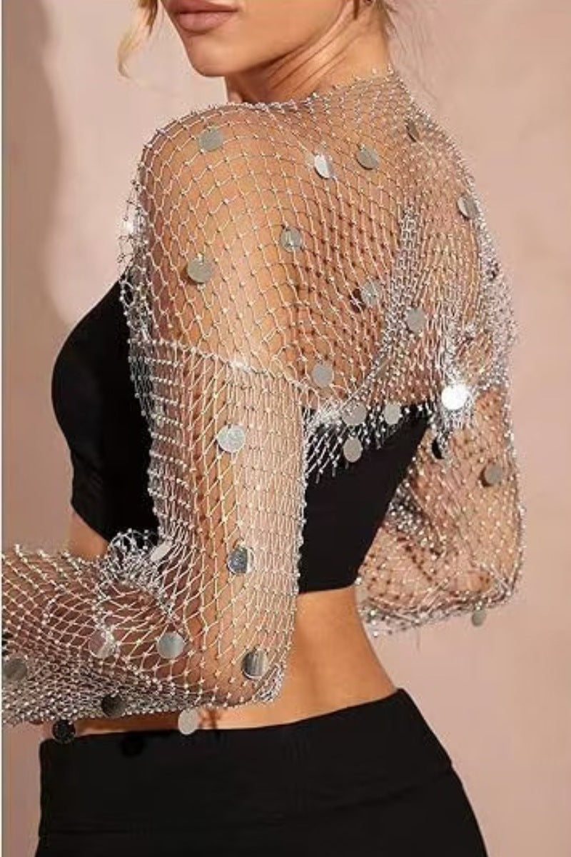 Fishnet Sequin Long Sleeve Bolero Top with Disc Detail