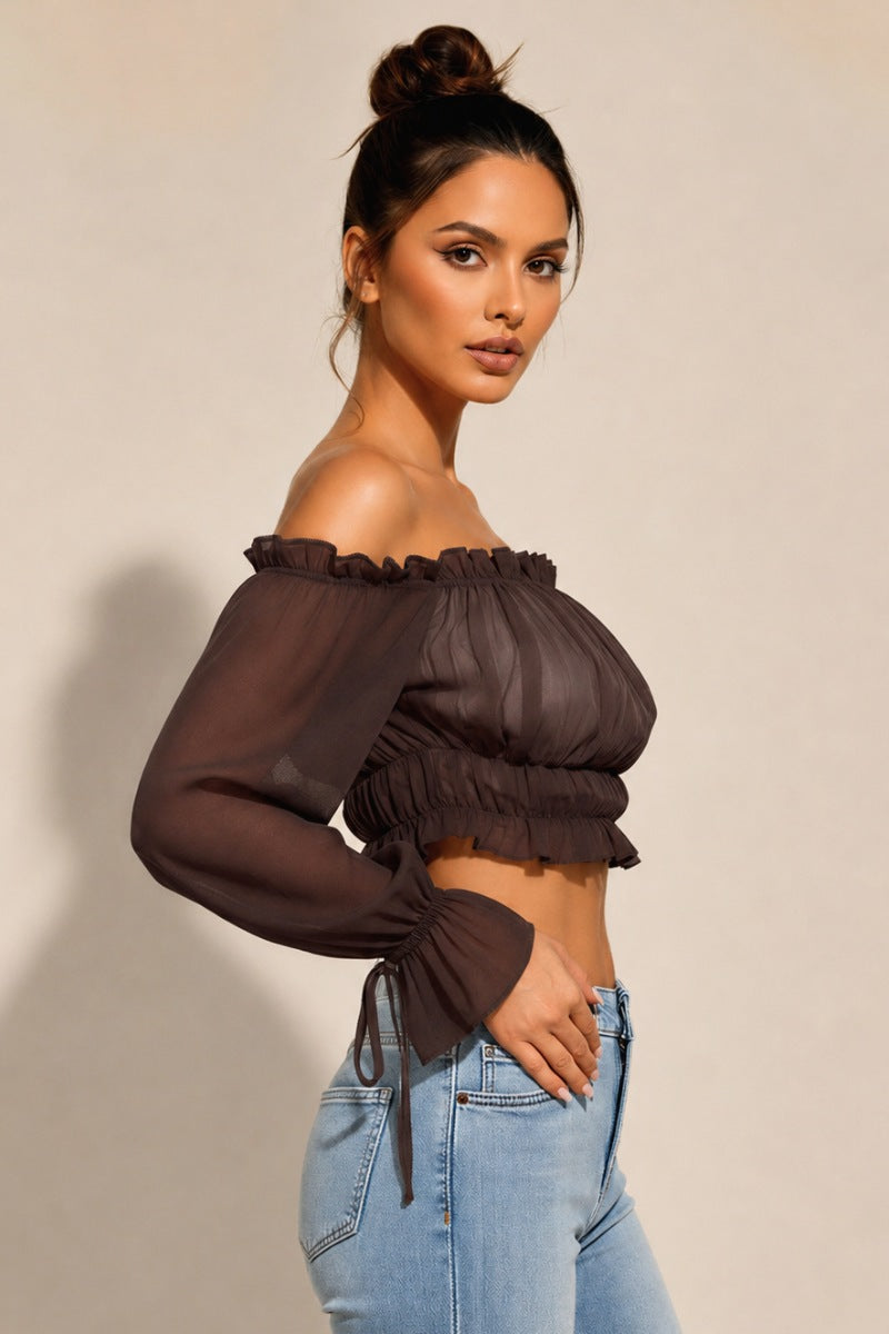 OFF SHOULDER RUFFLE TRIM KNOT SLEEVE CROP TOP