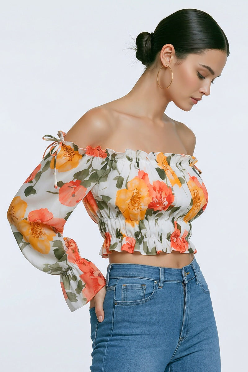 Floral Off Shoulder Ruffle Crop Top