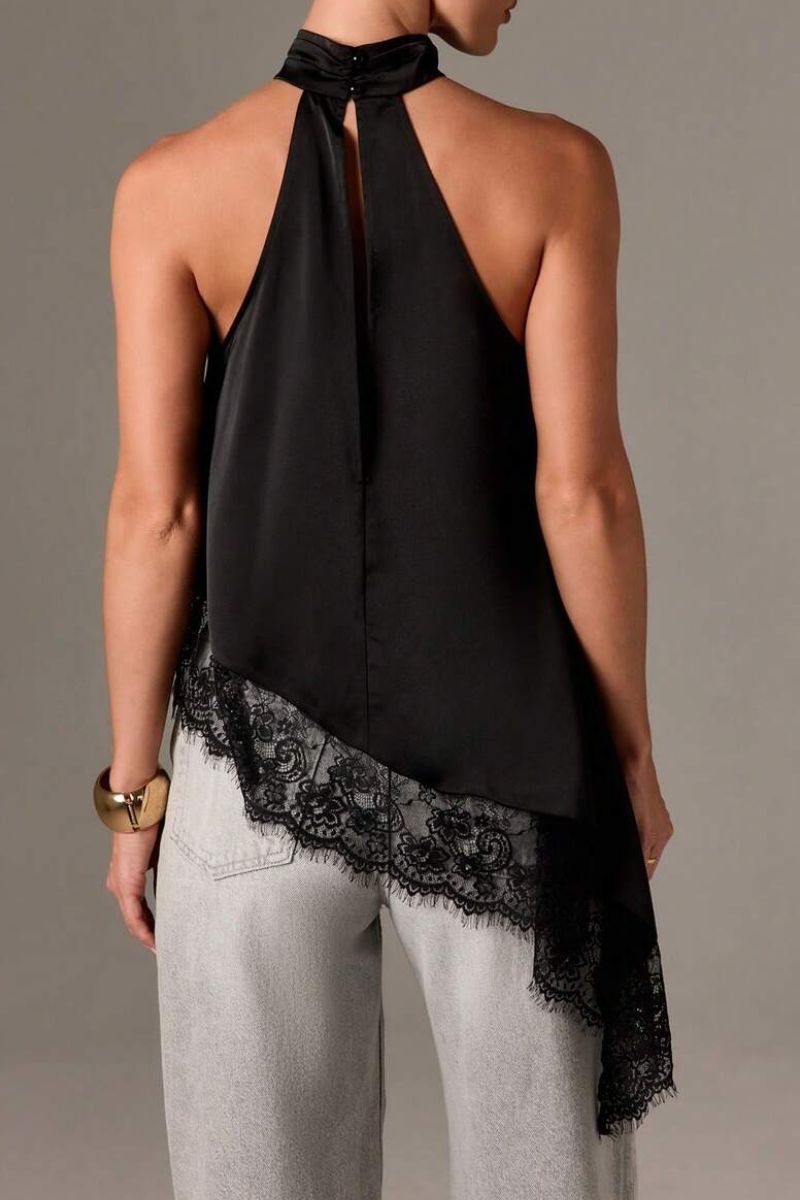 Satin Lace Trim Asymmetrical Top