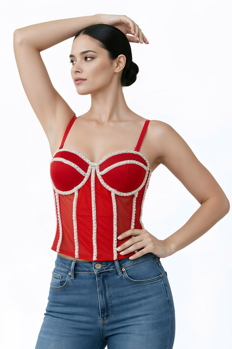 WHITE GLITTERY SEAM DETAIL MESH CORSET TOP_ D7258