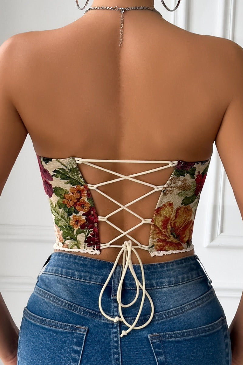 Strapless Floral Jacquard Corset with Lace-Up Back
