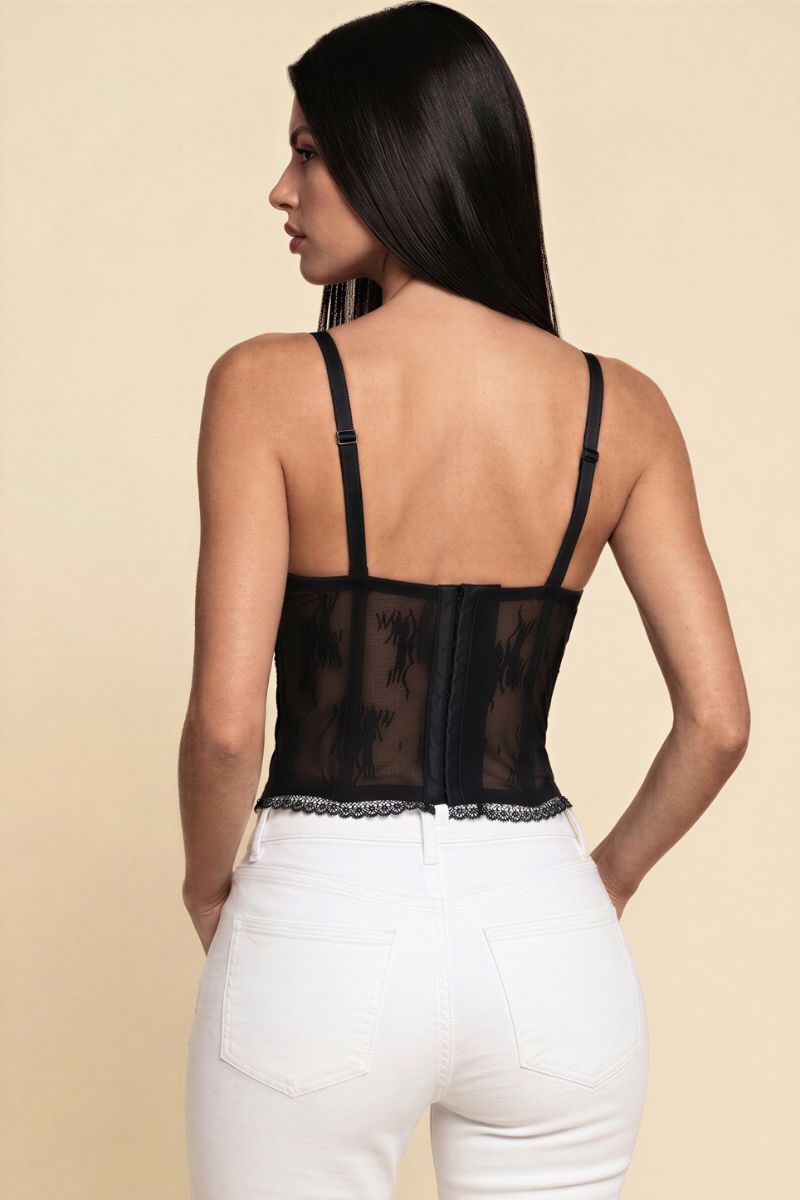 Lace Trim Sheer Mesh Corset Bustier Top