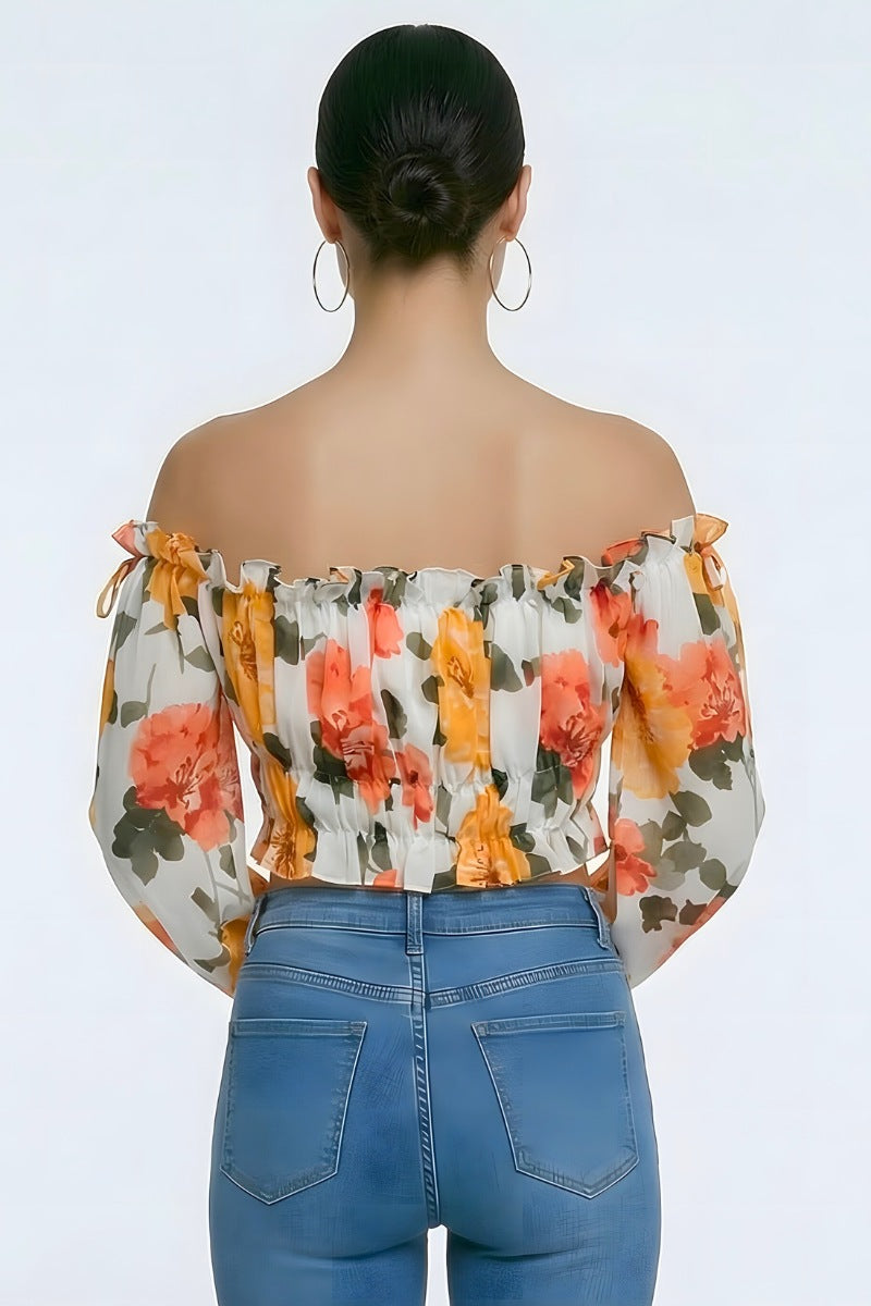 Floral Off Shoulder Ruffle Crop Top