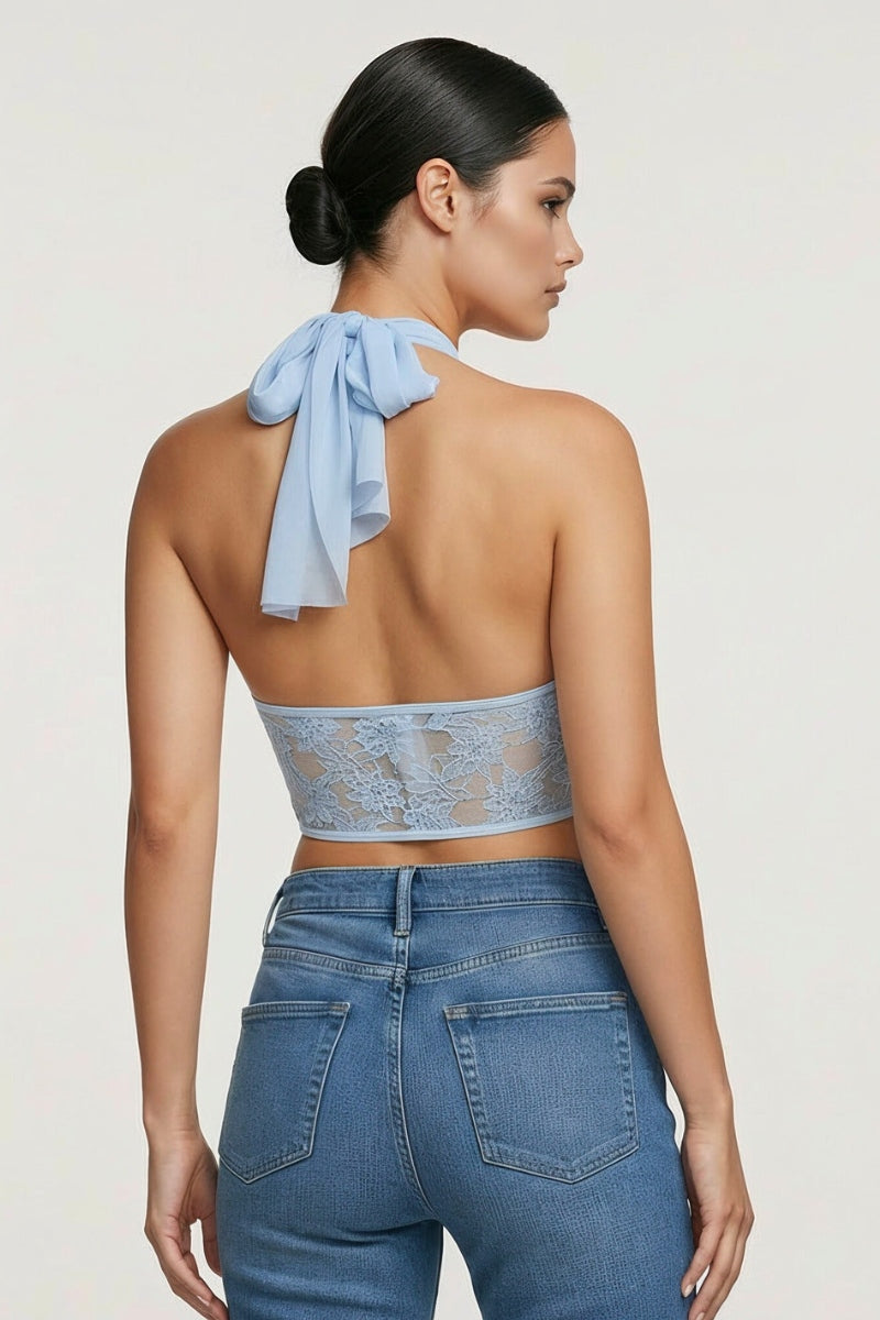 Sheer Mesh & Lace Halter Corset Top