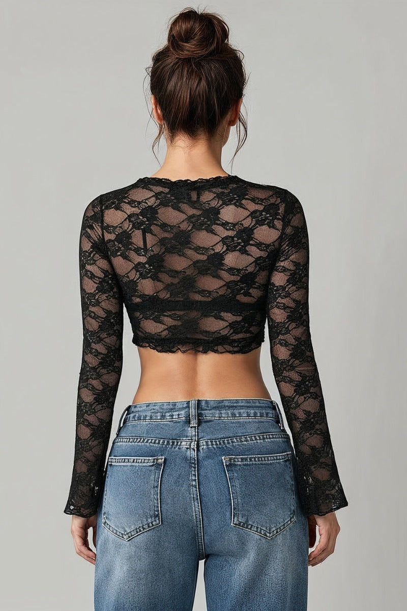 Sexy Lace Tie-Front Crop Top with Bell Sleeves