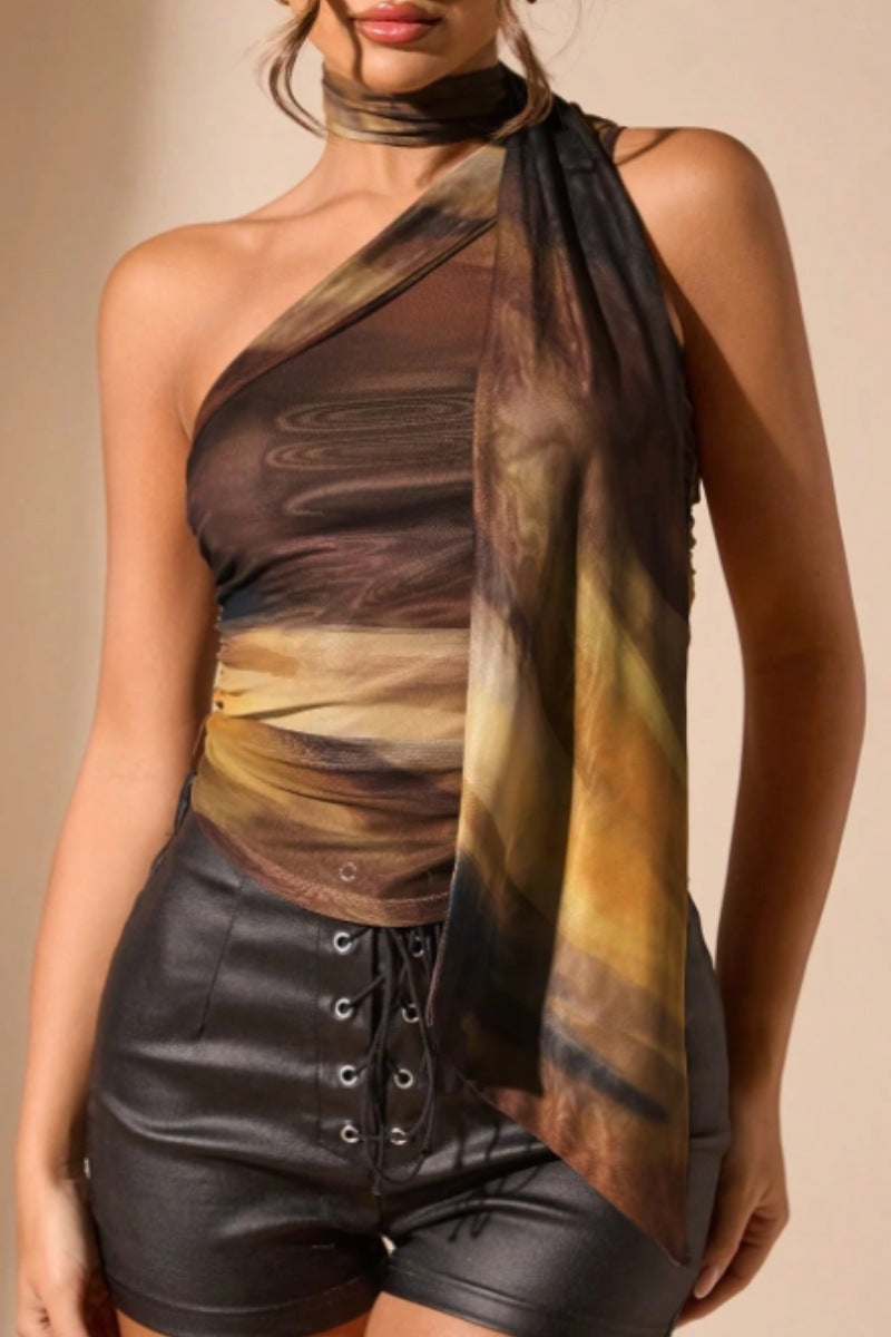 Printed One Shoulder Mesh Scarf Tie Top