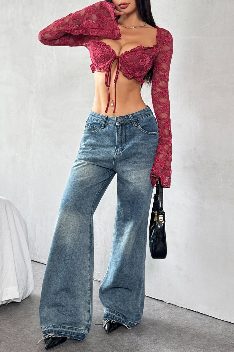 Sexy Lace Tie-Front Crop Top with Bell Sleeves