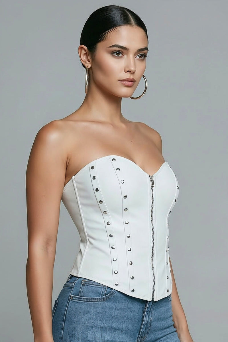 FAUX LEATHER STUD DETAILED ZIP FRONT CORSET TOP