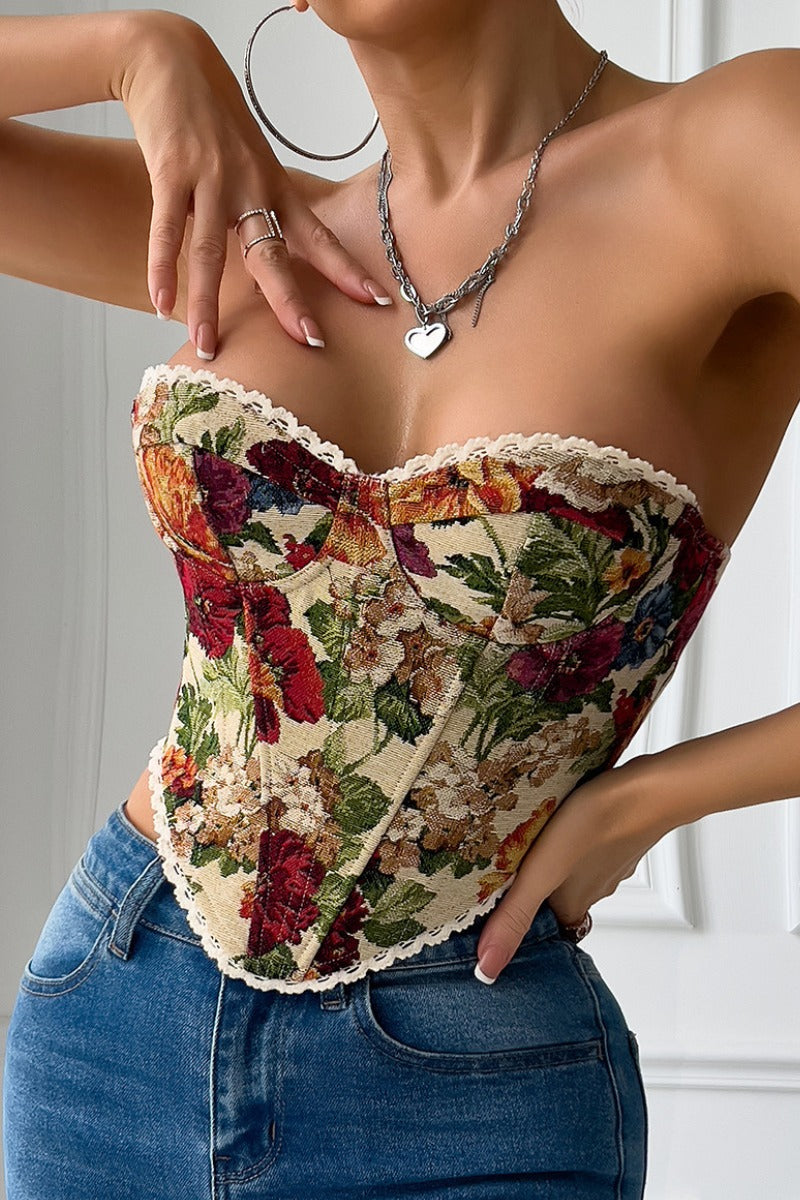 Strapless Floral Jacquard Corset with Lace-Up Back