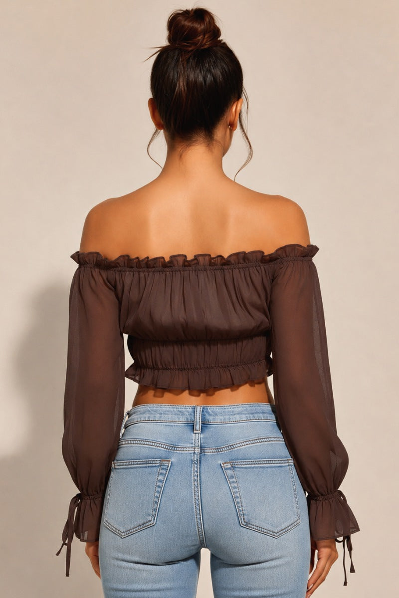 OFF SHOULDER RUFFLE TRIM KNOT SLEEVE CROP TOP