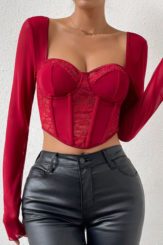 Long Sleeve Mesh & Lace Bustier Top