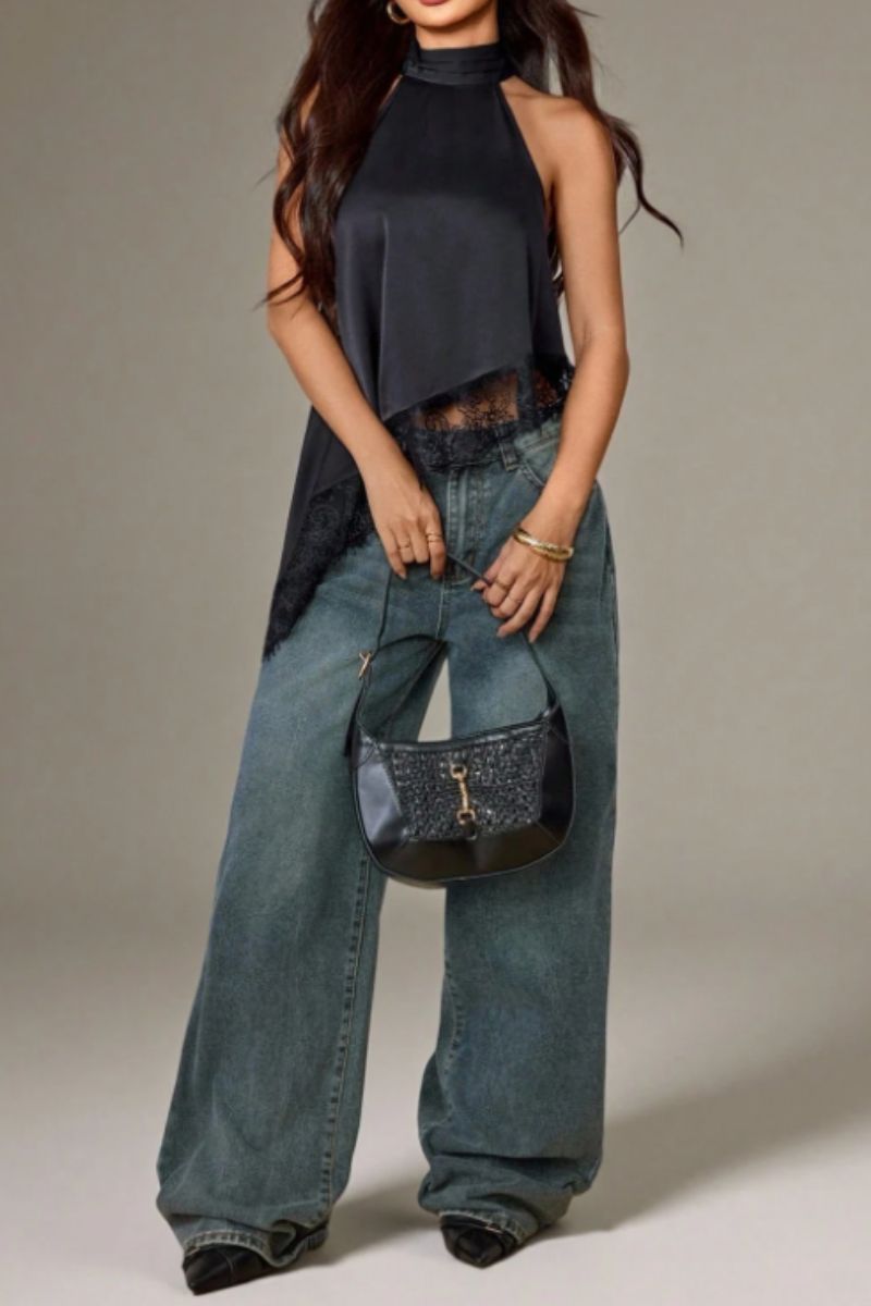 Satin Lace Trim Asymmetrical Top