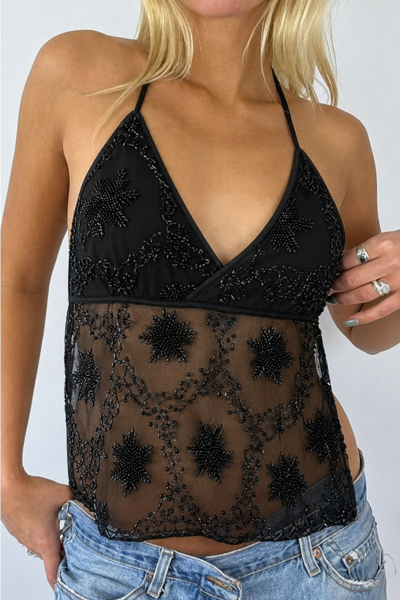 Midnight Beaded Mesh Halter Top