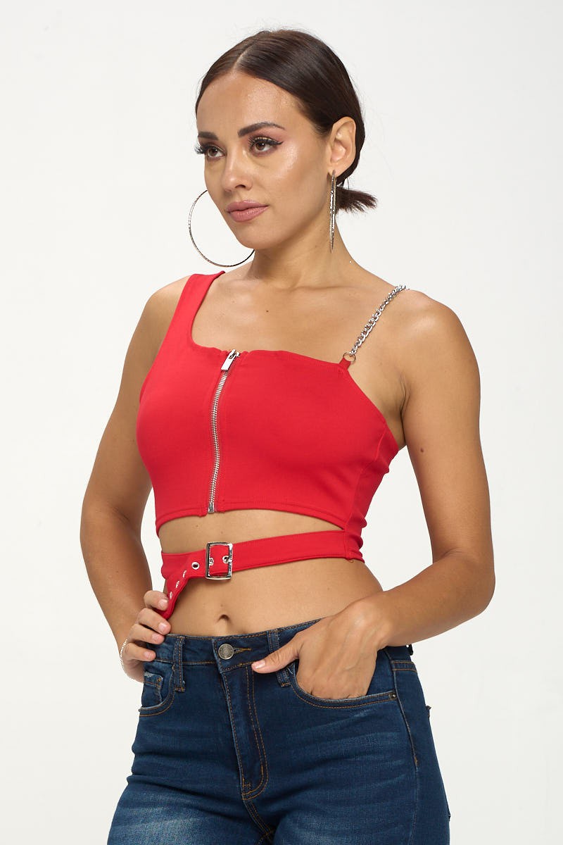 ZIP-UP ONE SHOULDER CUT OUT CHAIN SLEEVE CROP TOP