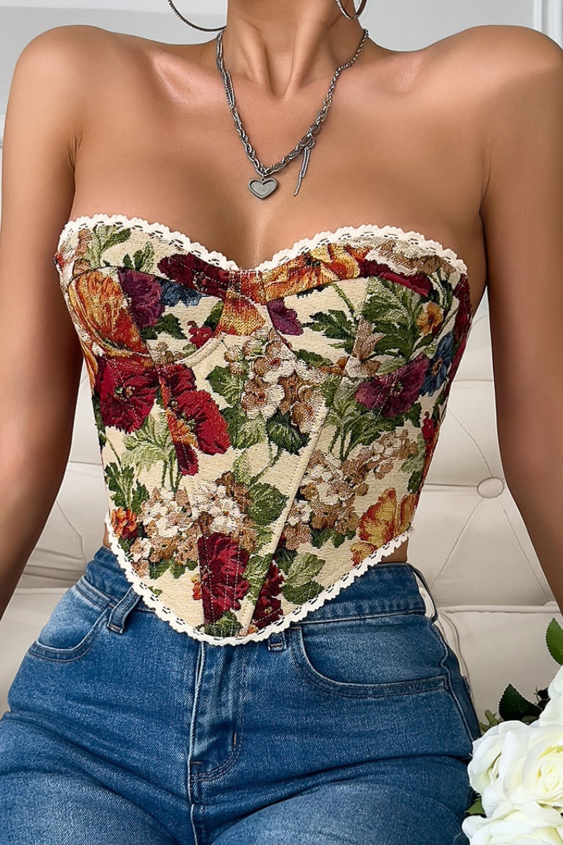 Strapless Floral Jacquard Corset with Lace-Up Back