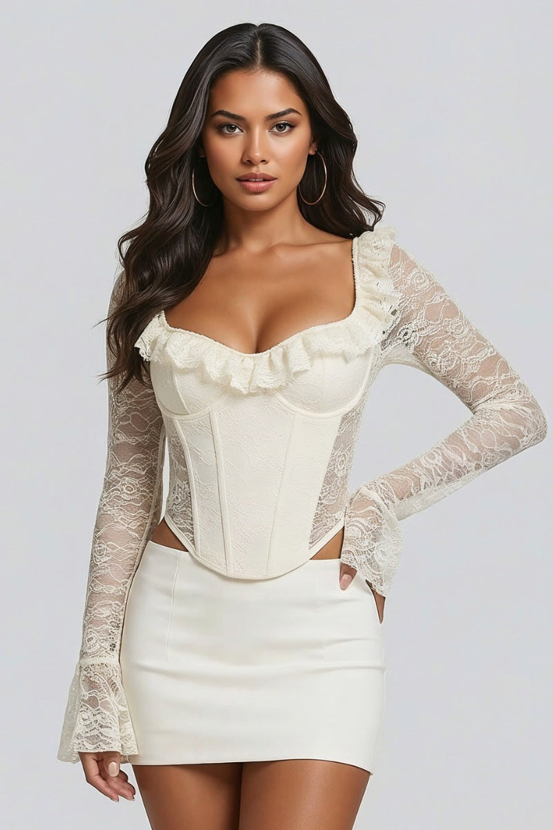 Romantic Ruffled Lace Long Sleeve Corset Top