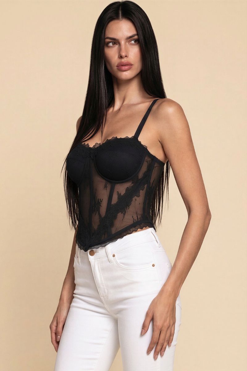 Lace Trim Sheer Mesh Corset Bustier Top