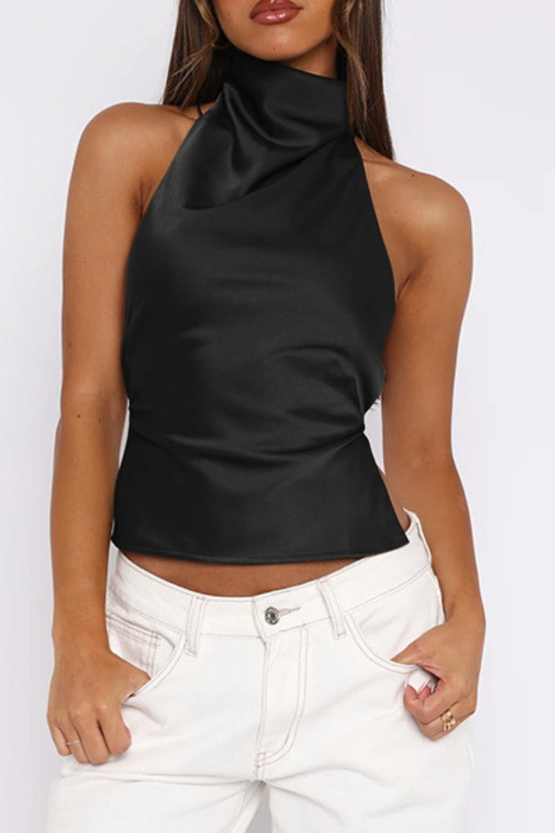 Elegant Satin Mock Neck Backless Top