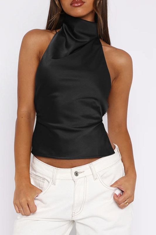 Elegant Satin Mock Neck Backless Top