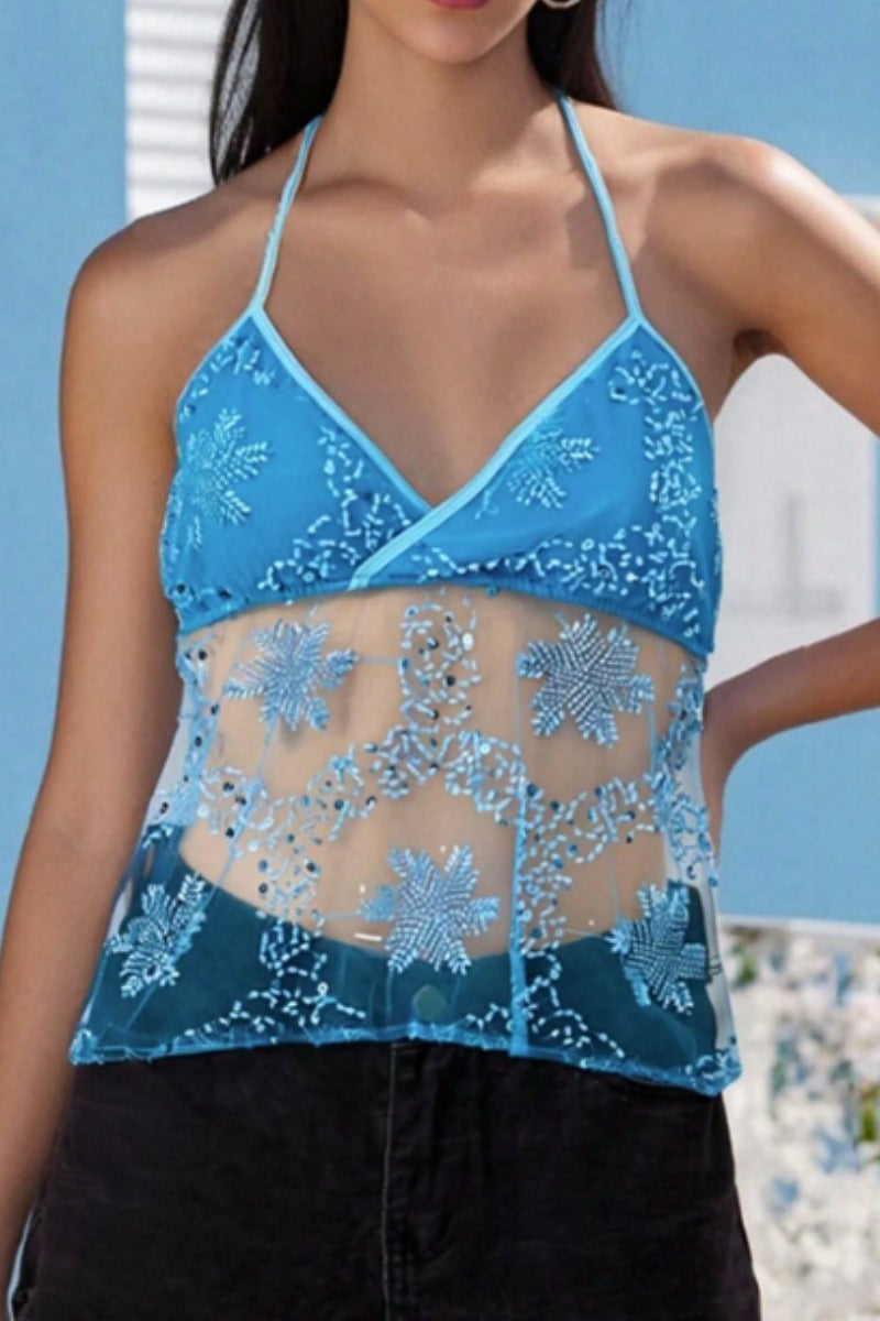 Midnight Beaded Mesh Halter Top