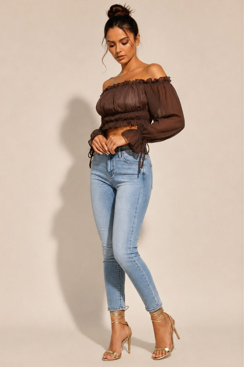 OFF SHOULDER RUFFLE TRIM KNOT SLEEVE CROP TOP