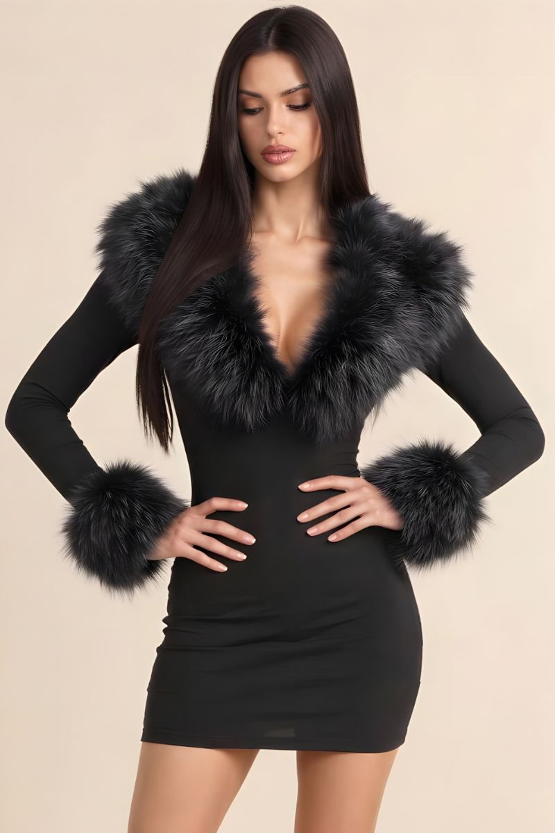 Luxe Faux Fur Plunging V-Neck Mini Dress